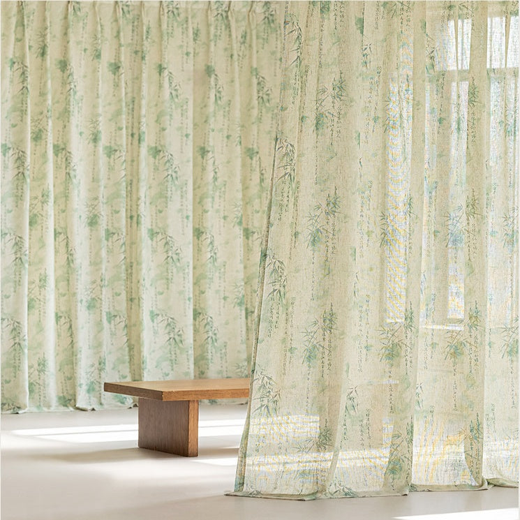 MS-26 Verdant Bamboo Path Sheer Curtain Oriental Bamboo Print Linen Texture Serene & Airy Living