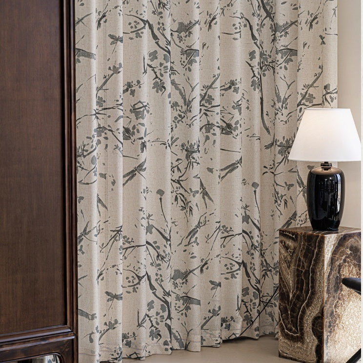 MS-27 Dragonfly in the Leaflight Sheer Curtain Oriental Nature Print Linen Texture Light & Airy Serenity