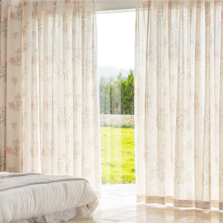 MS-25 Dreamlike Riverside Blossoms Sheer Curtain Oriental Floral Print Linen Texture Soft Light