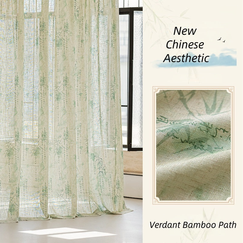 MS-26 Verdant Bamboo Path Sheer Curtain Oriental Bamboo Print Linen Texture Serene & Airy Living