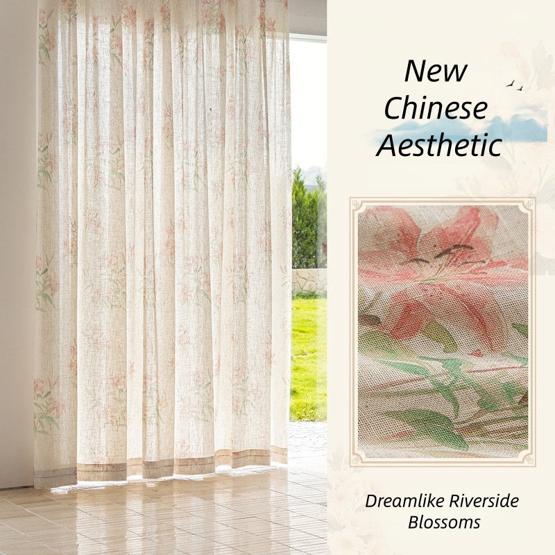 MS-25 Dreamlike Riverside Blossoms Sheer Curtain Oriental Floral Print Linen Texture Soft Light