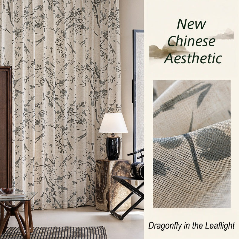 MS-27 Dragonfly in the Leaflight Sheer Curtain Oriental Nature Print Linen Texture Light & Airy Serenity