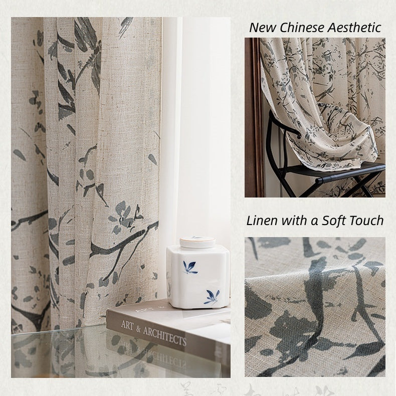 MS-27 Dragonfly in the Leaflight Sheer Curtain Oriental Nature Print Linen Texture Light & Airy Serenity