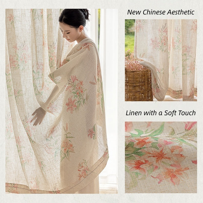MS-25 Dreamlike Riverside Blossoms Sheer Curtain Oriental Floral Print Linen Texture Soft Light