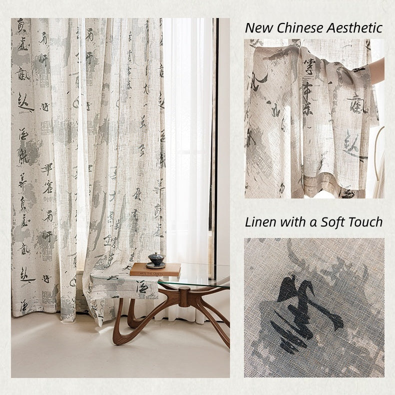 MS-24 Ink Wash Verses Print Sheer Curtain Song-Inspired Oriental Linen Texture