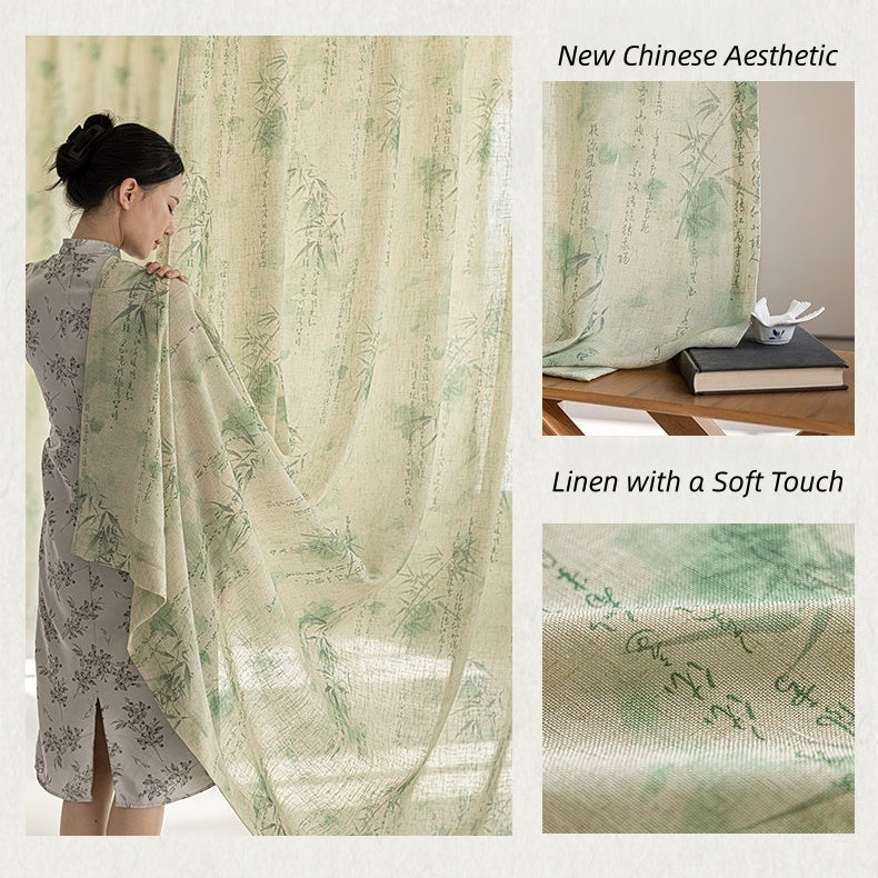 MS-26 Verdant Bamboo Path Sheer Curtain Oriental Bamboo Print Linen Texture Serene & Airy Living