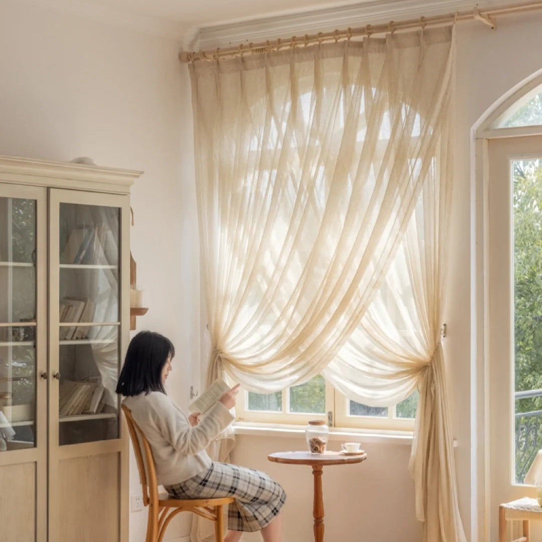 MS-12 Cream Linen  Sheer Curtains Japanese Natural Wood Aesthetic
