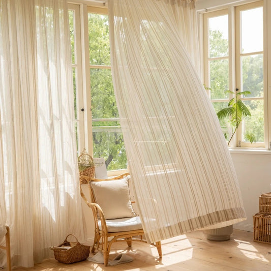 MS-11 Linen Sheer Curtains with Vertical Stripes  Wabi Sabi & Zen-Inspired Vintage Aesthetic